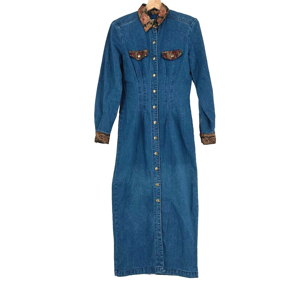 VTG Paris Sport Club Long Denim Maxi Dress Size 5 Snap-Button Front Cottageโ 90s